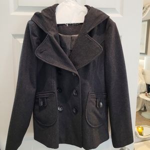 GUESS Classic double-breasted Wide Collar pocket charcoal hoodie peacoat Sz XL